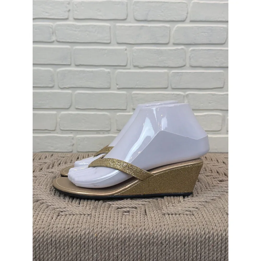 Montego Bay Club Glitter Wedge Sandals Gold Thong Size 5